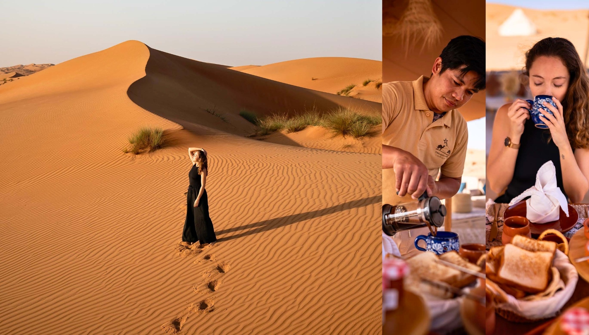 Guest walking the dunes at sunset with breakfast being poured