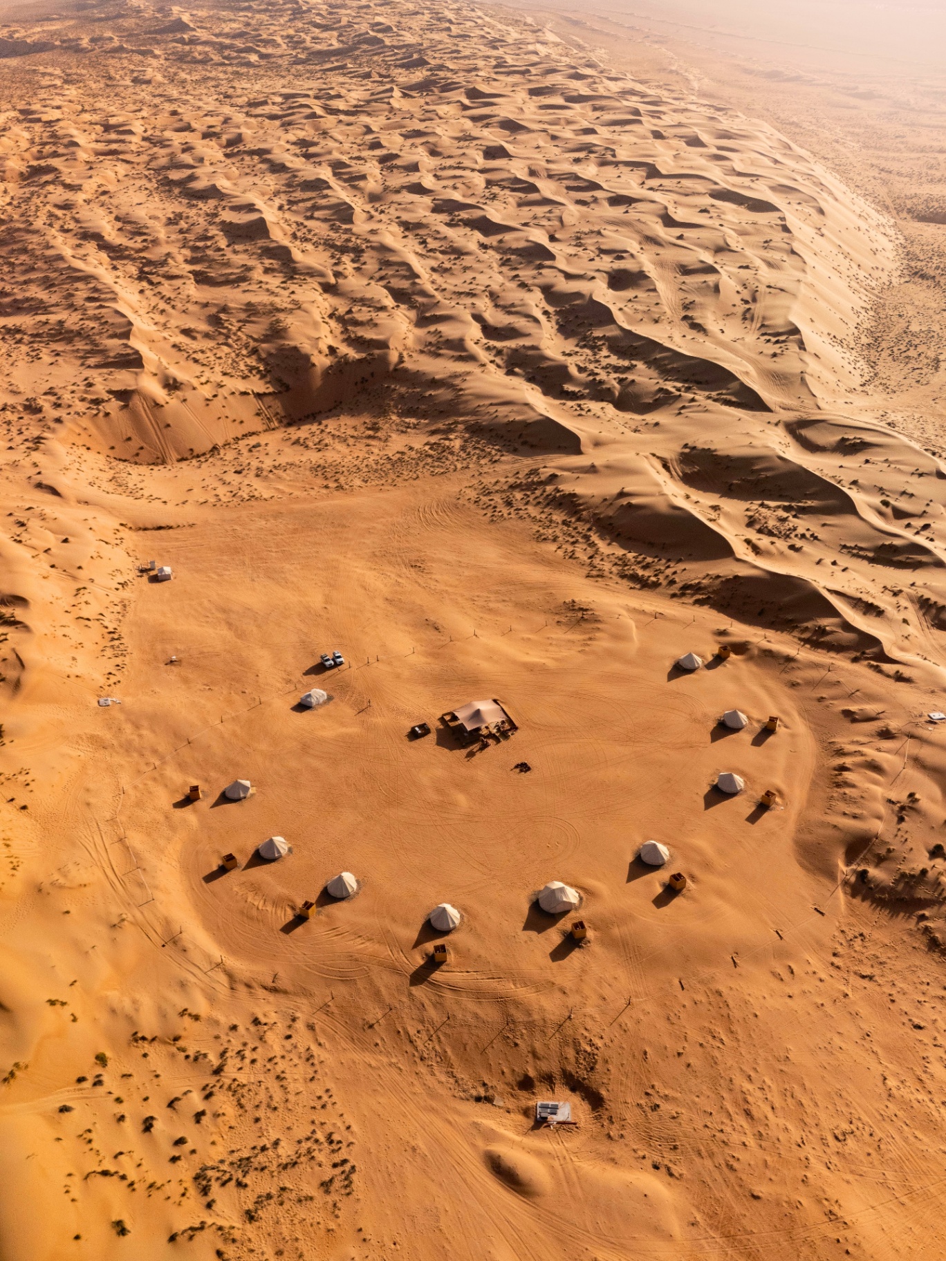 Aerial view of Twilight Dunes desert camp