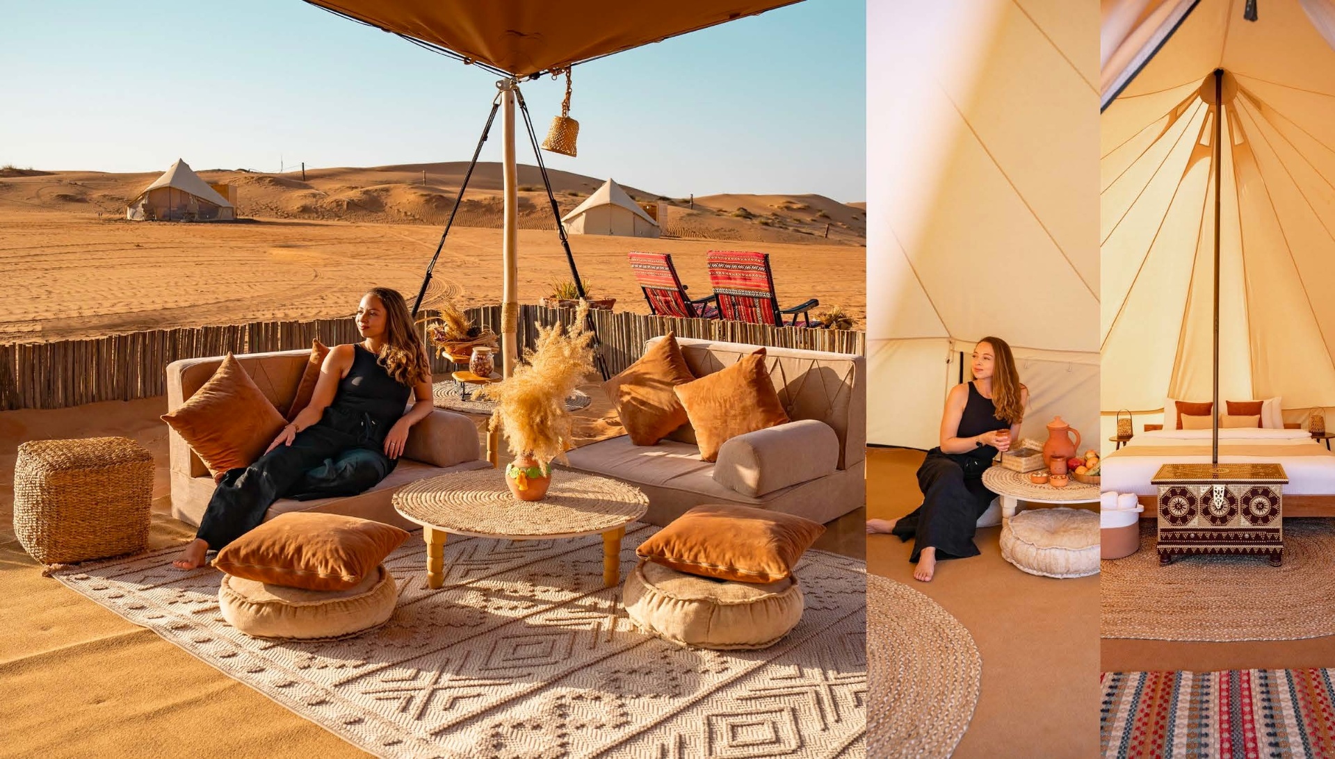 Comfortable outdoor majlis lounge and glamping tent interior at Twilight Dunes